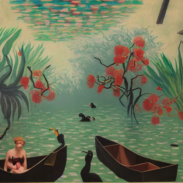 Prompt: painting of flood waters inside an art gallery, sensual female emo art student, a river flooding indoors, pomegranates, pigs, ikebana, water, octopus, river, rapids, waterfall, black swans, canoe, berries, acrylic on canvas, surrealist, by magritte and monet