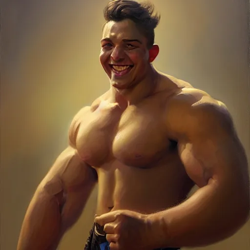 Prompt: portrait painting of a young strongman of 2 5, bright and energetic, with a sweet smile and big muscles, render cinematic lighting art 1 9 2 0 period drama by bussiere rutkowski andreas rocha