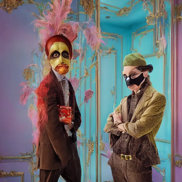 Image similar to vogue photoshoot octane render portrait by wayne barlow and carlo crivelli and glenn fabry, focus on an eccentric man in a bright colorful pastel wes anderson uniform and a black robber mask inside a high - end exotic vintage boutique hotel bar, very short depth of field, bokeh