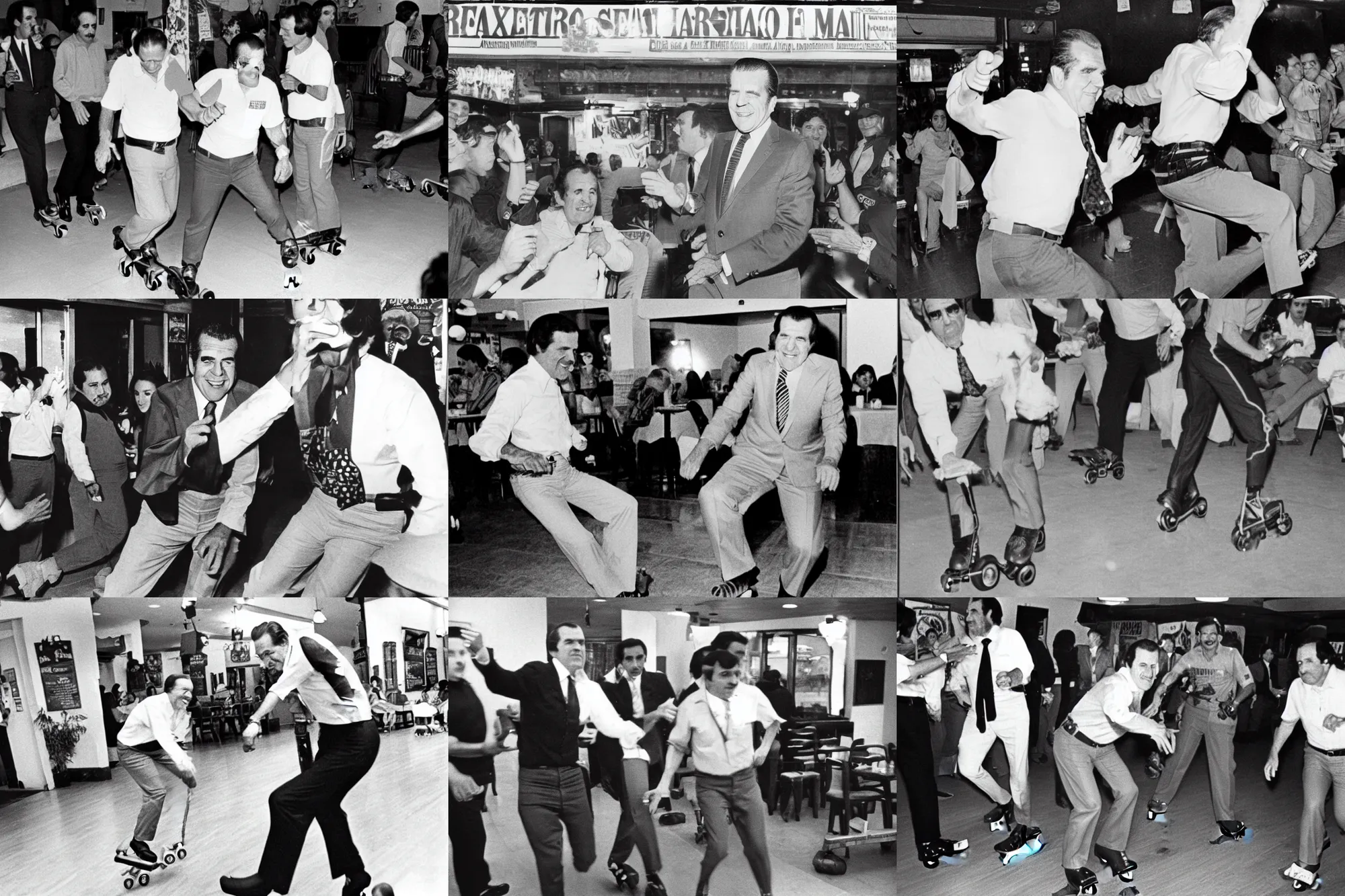 Image similar to Photo of President Nixon rollerblading in a Mexican restaurant, award-winning front-page newspaper, grainy, 1970s