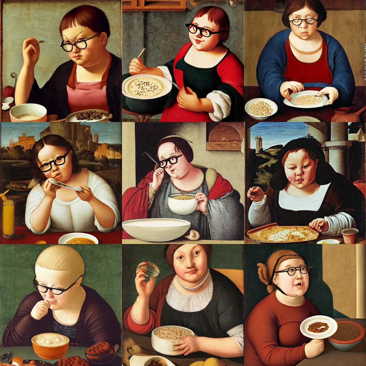 Prompt: a chubby girl with glasses eating porridge painfully, renaissance