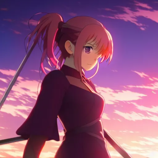 Prompt: emma watson in heavens feel movie, demon slayer, ufotable, kyoani, high quality, key visual, cinematic, city background, night time, rooftop, fate stay night, unlimited blade works, greg rutkowski, extreme close up, rin outfit, anime, high angle, high budget