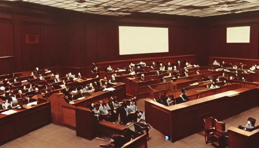 Prompt: full color still of a courtroom of law in the Meiji era Tokyo, 150mm lens by Akira Kurosawa, 1980 cinematography