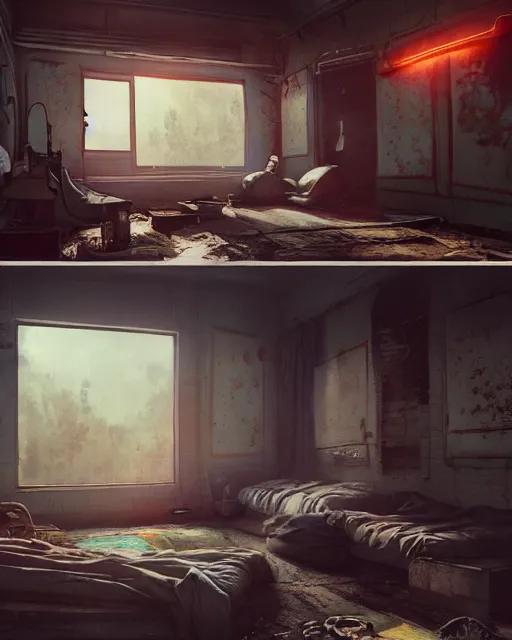 Image similar to artstation scifi scene of a shabby chinese rural room, earth kang, bookcasel lounge furniture, large terrarium, beds, paneled walls, unreal engine 5, hyper realism, realistic shading, cinematic composition, blender render, octane render, hdr, detailed textures, photorealistic, wide shot