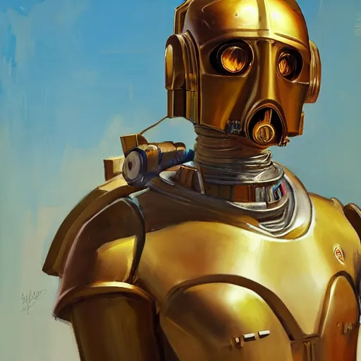 Image similar to greg manchess portrait painting of c 3 po as overwatch character, medium shot, asymmetrical, profile picture, organic painting, sunny day, matte painting, bold shapes, hard edges, street art, trending on artstation, by huang guangjian and gil elvgren and sachin teng