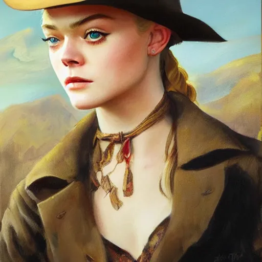 Prompt: ultra realistic portrait painting of elle fanning as a western outlaw, art by frank frazetta, 4 k, ultra realistic, highly detailed, epic lighting