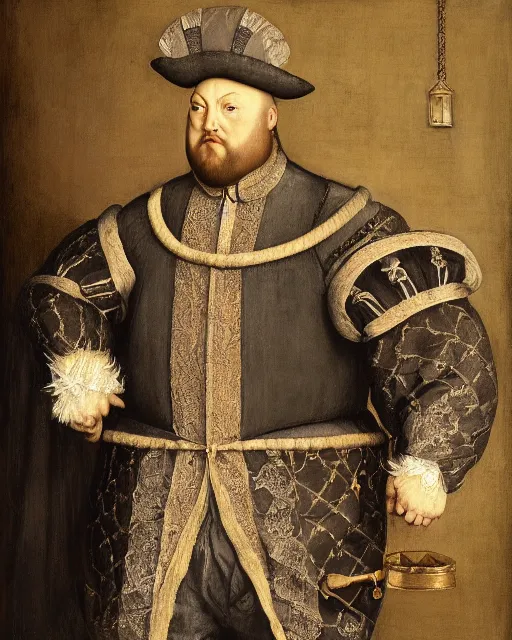 Image similar to fat gray cat with yellow eyes dressed like henry viii, tudor period menswear, hans holbein the younger, greg rutkowski, royal portrait, painting