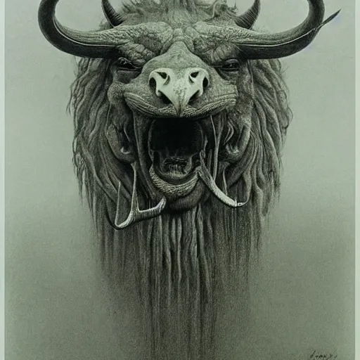 Image similar to a creature with the body and eyes of a man, with the beak of an eagle, the mane of a lion, and the horns of an ox. drawn by zdzislaw beksinski