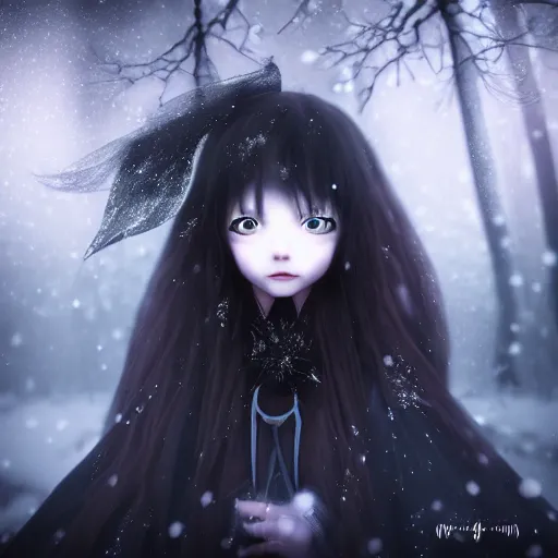 Image similar to focus portrait of beautiful darkness witch 3D anime girl, dark forest background, snowing, bokeh, inspired by Tim Burton, digital painting, unreal engine render, volumetric light, high détail