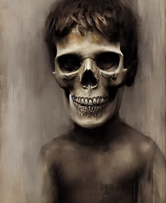 Image similar to a boy wearing a skull by jeremy mann