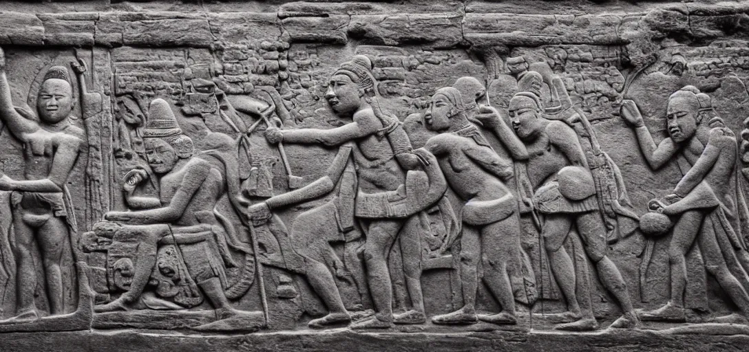 Prompt: tai and khmer war in the bas - relief sandstone encraving wall, emotional movement, black and white photo, historic, realistic, highly detailed, 1 2 0 0 s,