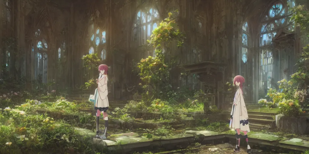 Image similar to anime kyoto animation key by greg rutkowski, perfectly detailed android girl in abandoned chapel with overgrown flowers and plants