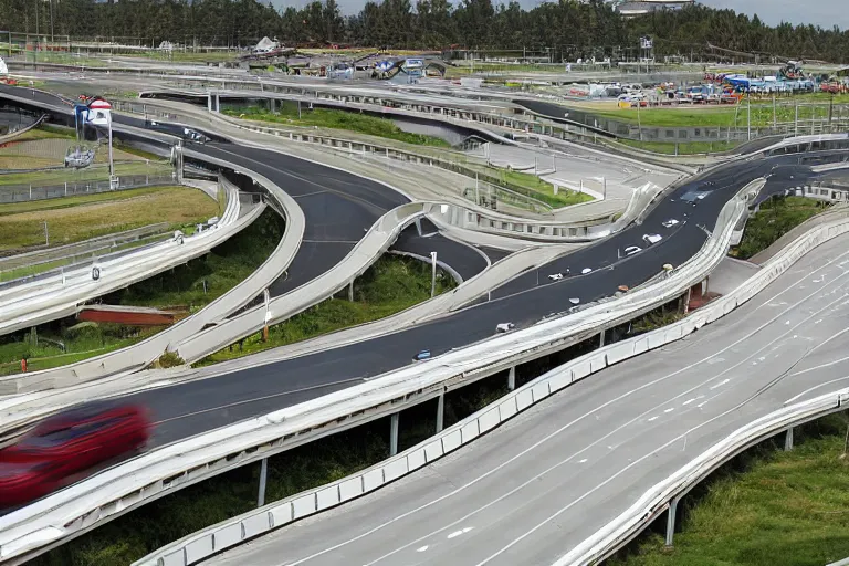 Prompt: watching traffic on a looping highway with a 9 0 degree drop - off, not safe, similar to a rollercoaster