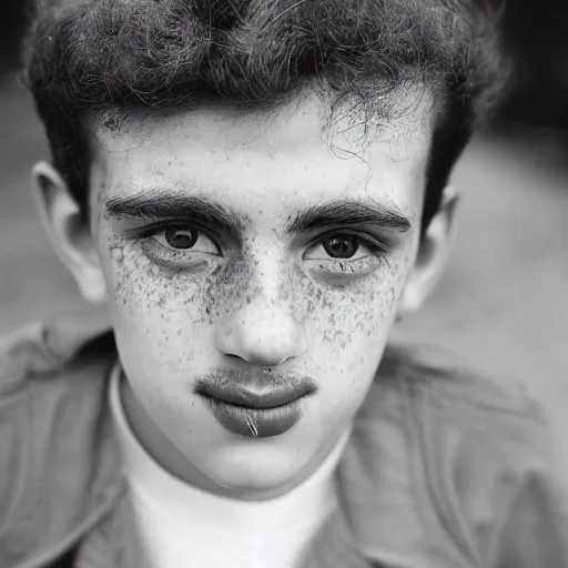 Prompt: hyper - realistic, kodachrome medium shot portrait of an attractive ethereal 1 8 year old boy, of mixed italian, lebanese and scottish descent with pale skin, a slightly large nose, black curly hair and dark eyes, a weak mustache and freckles. in the style of steve mccurry