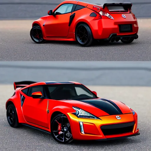 Prompt: a hotwheel supercar based on the nissan 3 7 0 z and acura nsx, it has a red and black paint, photoreal, car photography, hotwheels, supercar,