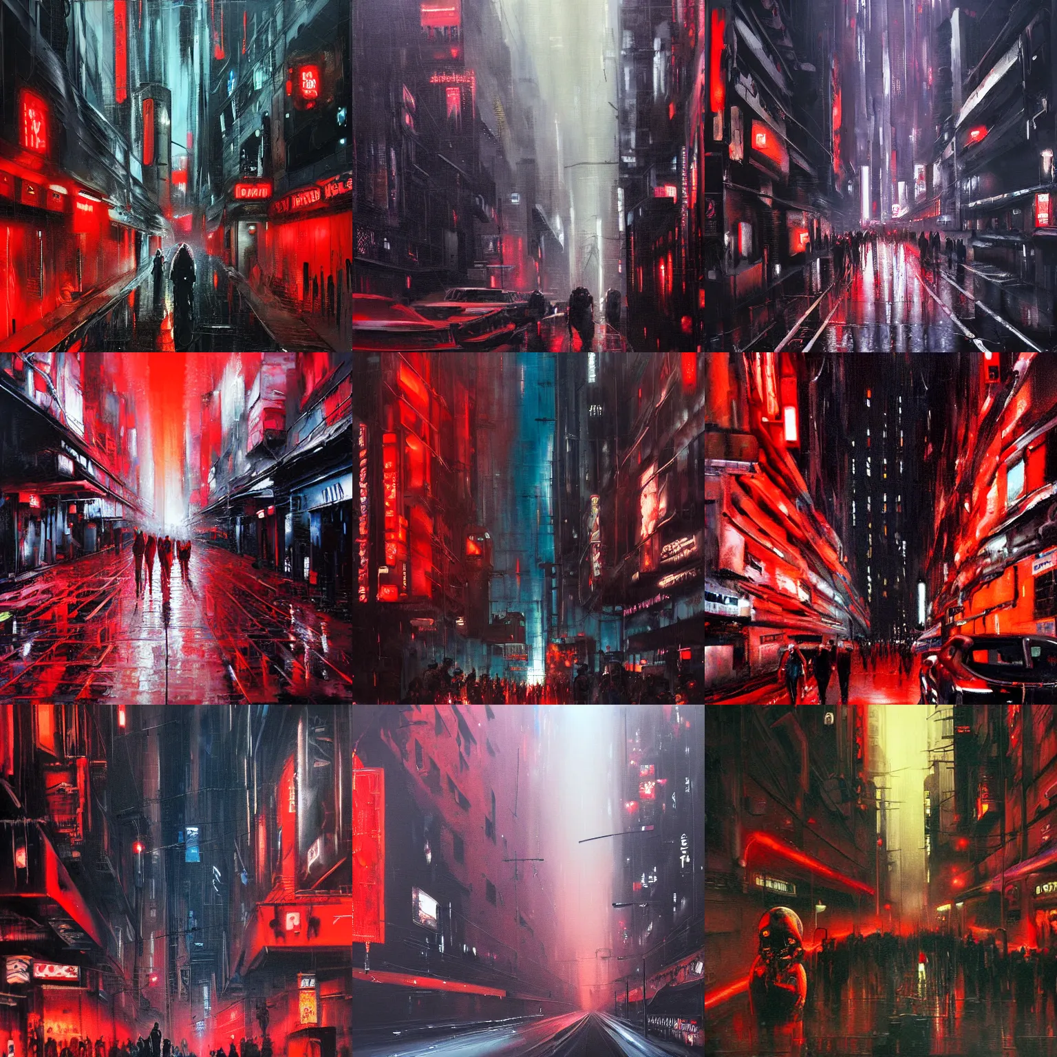 Prompt: a dark street with hordes of wandering people red lights cybernetic joe biden's face hovering over the unwashed masses on a building ad, dystopian, cyberpunk, dripping oil paint, thick brushstrokes, abstracted painterly techniques, high resolution, blade runner
