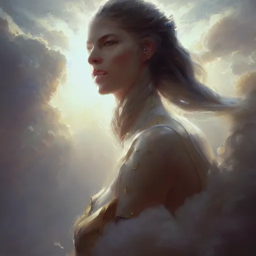 Image similar to a beautiful portrait of a cloud goddess by Greg Rutkowski and Raymond Swanland, Trending on Artstation, ultra realistic digital art