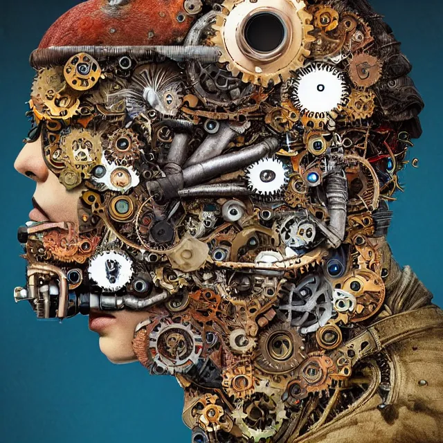 Image similar to profile portrait of a bird, computer parts, mechanical parts, by giuseppe arcimboldo, steampunk, cyberpunk, futuristic, psychedelic, surreal, sci - fi, vaporwave, alien, dreamlike.