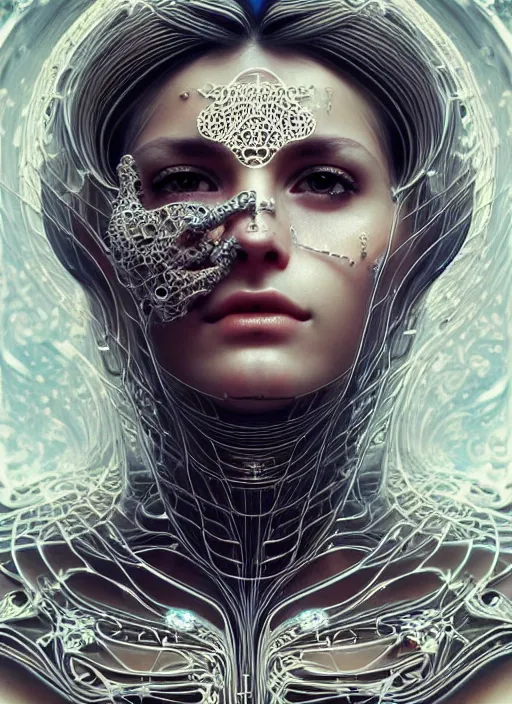 Image similar to a highly detailed photo of very intricate female face full - length portrait, futurism, rococo cyber tattoos lighting, detailed futuristic fibonacci jewelry, profile posing, hyper photorealistic, crispy quality, digital photography, trending in pinterest, cinematic, 4 k ultra hd, art by pascal blanche, art by greg rutkowski, art by artgerm,