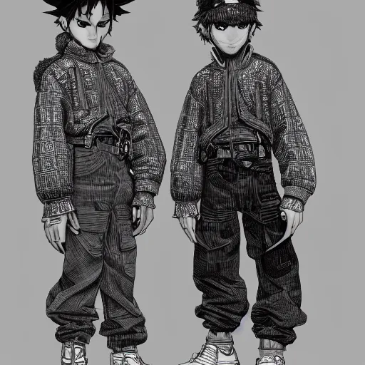 Image similar to rpg character concept art, twin brothers being cute and gangsta, intricate detail, in the style of jamie hewlett killian eng kawase hasui riyoko ikeda, 3 d render, artstation trending, 8 k, octane render, photorealistic, sharp detail, manga, black and white