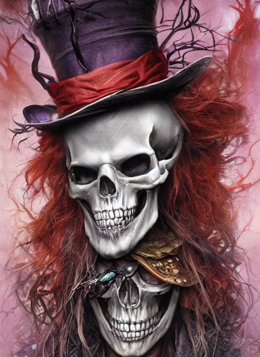 Image similar to Mad Hatter,Death Tarot card,highly detailed,half skull face,cinematic,8k,by Stanley Artgermm,Tom Bagshaw,Greg Rutkowski,Carne Griffiths, Ayami Kojima, Beksinski, Giger,Anne Stokes, Benjamin Lacombe,trending on DeviantArt,hyper detailed,horror, full of colour