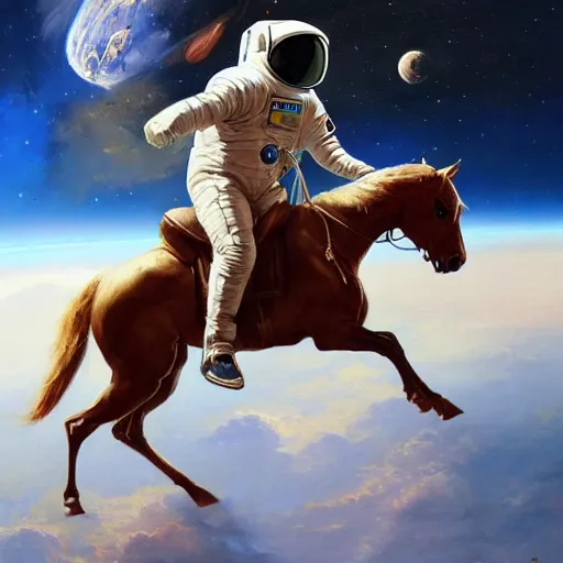 Image similar to An astronaut riding a horse in space, oil on canvas by Frank Frazetta, artstation, digital art, WLOP, Mandy Jurgens