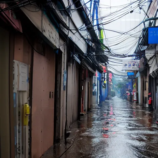 Prompt: rain - soaked alley with messy overhead cables in yongsan district, seoul, south korea.