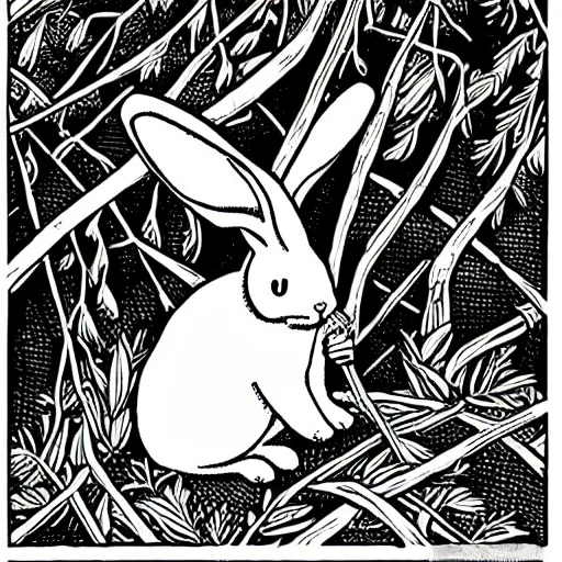 Prompt: black - and - white line art illustration of a rabbit deep in a tangled forest, smoking a cigarette