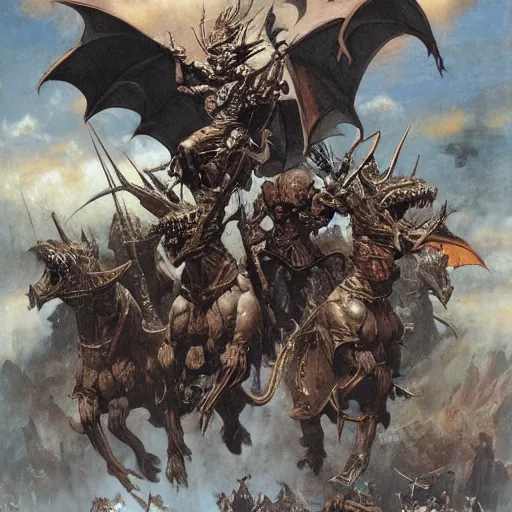 Prompt: an army of draconians riding beasts with flag bearers and trumpeters, intricate detail, royo, vallejo, frazetta, giger, whealan,