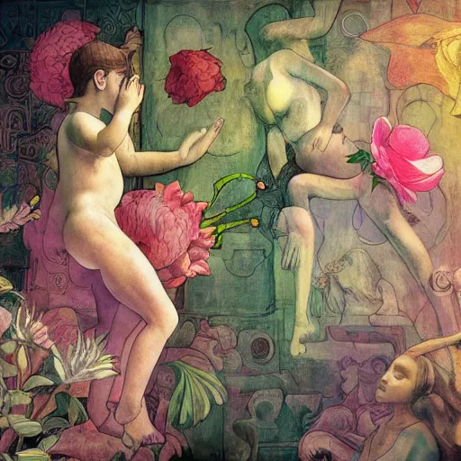 Prompt: minimalist elaborate photorealistic beautifully illustrated beautiful cyber children holding huge interesting flowers in a medieval room. in the style of Michelangelo, and Paul Gauguin, with cyberpunk liberty and flemish baroque mixed media details. vibrant vivid 3d textures in natural pastel tones. HD 8x