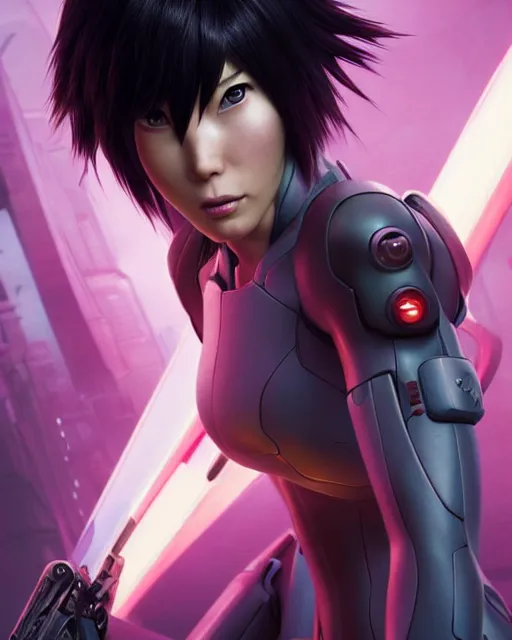 Image similar to weta disney pixar movie still portrait photo of motoko kusanagi the major ghost in the shell : : as cyborg woman by pixar : : by weta, wlop, ilya kuvshinov, rossdraws, artgerm, marvel, maxim cover, latex, octane render, sweaty, iridescent, bright morning, anime, liosh, mucha : :