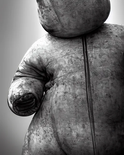 Prompt: hdr monochrome portrait of the michelin man being arrested, intricate, accurate facial details, volumetric lighting