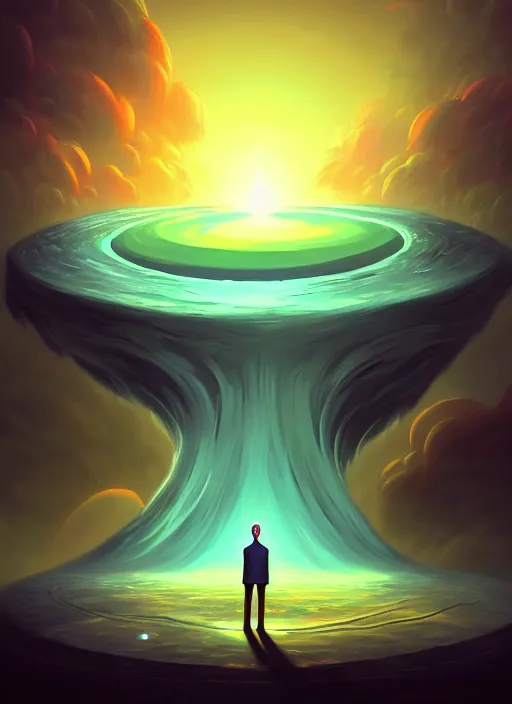 Image similar to a person standing in front of a large circular object, an album cover by cyril rolando, deviantart, magic realism, photoillustration, apocalypse art, matte drawing