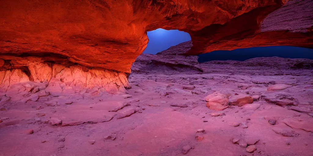 Image similar to a view looking out of a cave of a dried up river bend running through a canyon surrounded by desert mountains at sunset on mars, purple sky, two moons, planet mars, moab, utah, a tilt shift photo by frederic church, trending on unsplash, hudson river school, photo taken with provia, national geographic photo