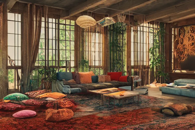 Prompt: a beautiful 7 0 s hippie pad, ornate waterpipes, lava lamps, ambient light, persian carpets, pillows, realistic, highly detailed, unreal engine, octane render,