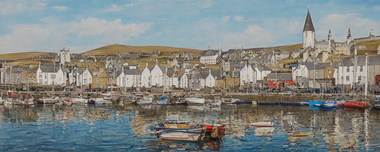 Prompt: a painting of the harbour at Stromness orkney, Ornate, delicate, elaborate, intricate, ornamented, fine