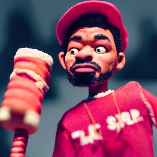 Image similar to a cinematic film still of a claymation stop motion film starring chance the rapper as a college student, shallow depth of field, 8 0 mm, f 1. 8