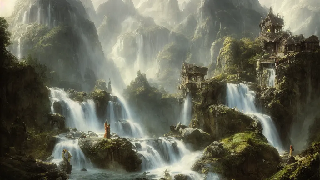 Image similar to elven architecture above the great alpine waterfall. andreas achenbach, artgerm, mikko lagerstedt, zack snyder, tokujin yoshioka