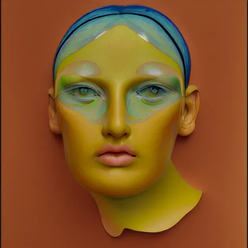 Image similar to elaborate pastel yellow, cloisonne by jean restout the younger. a photograph of a human head seen from multiple perspectives at once, as if it is being turned inside out. every angle & curve of the head is explored & emphasized, creating an optical illusion.