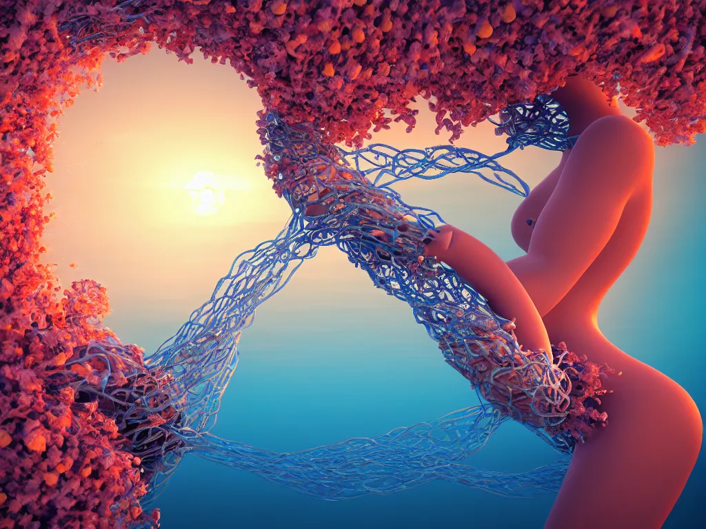 Image similar to a sculpture of fish ocean intertwined, diode lighting, a lovely cornucopia of flowers and human body parts, body parts, highly detailed, octane render, cinematic, sharp focus, clean, studio lighting, sunset, abstracto