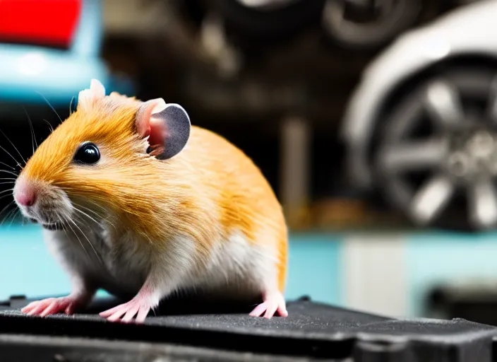 Image similar to film still of a hamster working as a mechanic in an auto shop, 8 k