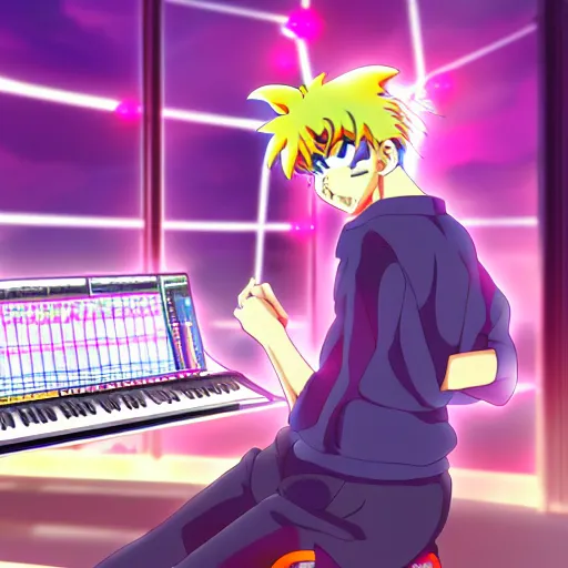 Image similar to An anime character working in their music studio. 90s anime, Sailor Moon, Neon Genesis, official art, flat cell shading, fantastic screenshot art, trending on artstation