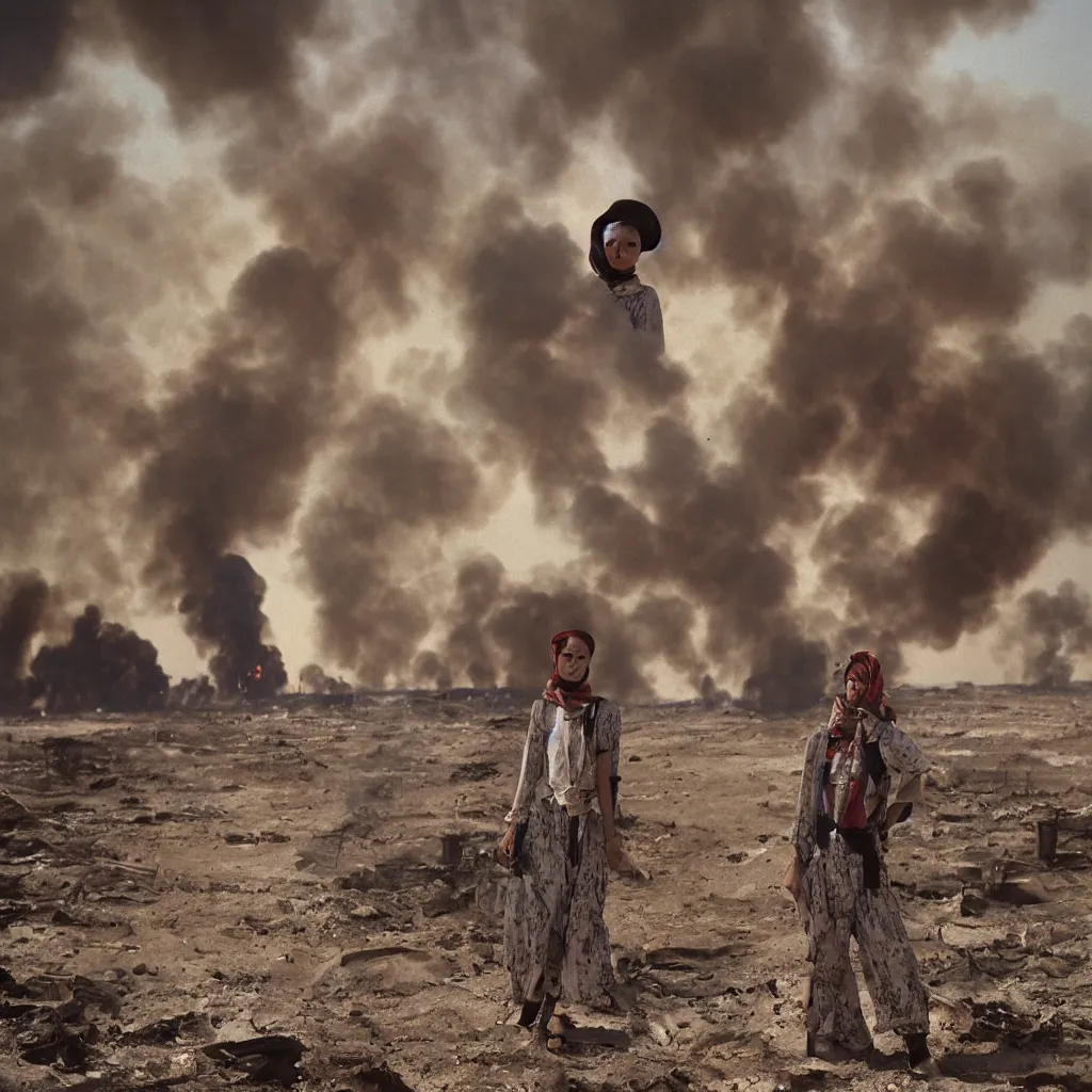 Image similar to portrait photograph fashion editorial in Kuwait oil fields fire. 1991. wide angle shot. highly detailed. depth of field. high definition. 8k. photography.