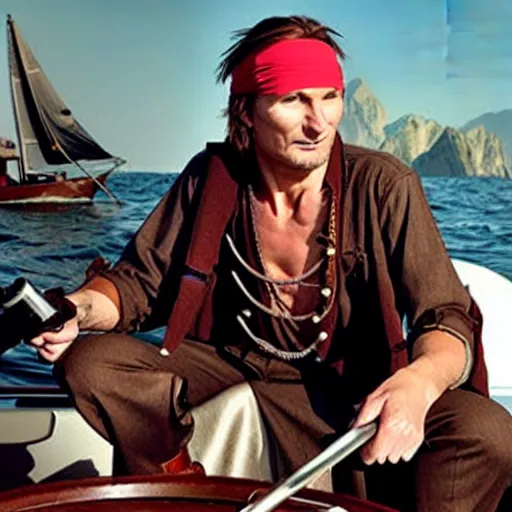 Image similar to Liam Neeson in pirate suit in a boat