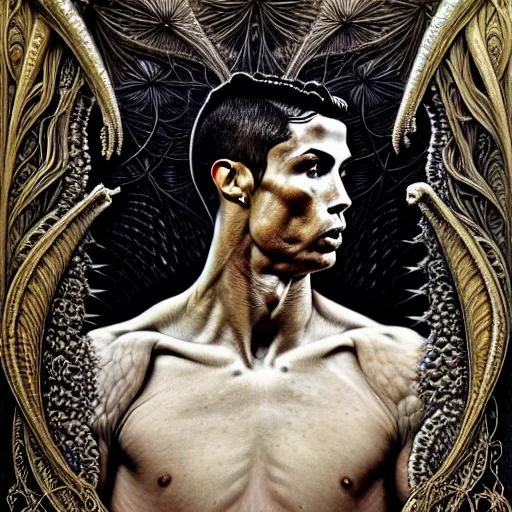 Image similar to detailed realistic beautiful cristiano ronaldo portrait by jean delville, gustave dore, iris van herpen and marco mazzoni, art forms of nature by ernst haeckel, art nouveau, symbolist, visionary, gothic, neo - gothic, pre - raphaelite, fractal lace, intricate alien botanicals, ai biodiversity, surreality, hyperdetailed ultrasharp octane render