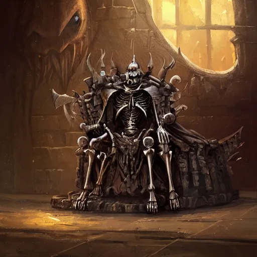 Prompt: Skeleton King, knight, resting on his throne, oil painting, by Fernanda Suarez and Greg Rutkowski