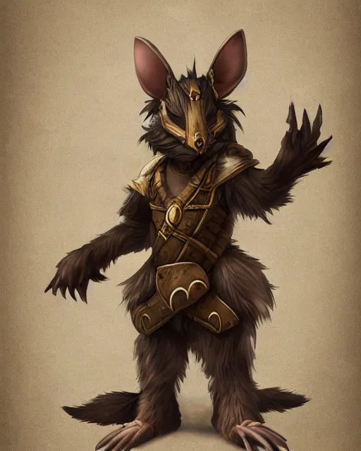 Image similar to a full body shot of an anthro furry rat wearing a fantasy armor, fantasy, artstation, furry art, furaffinity, deviantart, symmetrical, highly detailed, award winning, trending