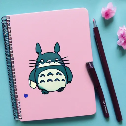 Prompt: totoro in a cherry blossom park on a notebook