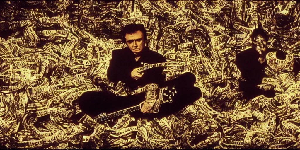 Prompt: Johnny Cash croons snake guitar amidst reels of tape, pools of petroleum, newspaper clippings, writhing snakes and sheathes of wheat, still from the unreleased movie UNLESS YOU HATE BULL RUNS directed by Federico Fellini, purple green atmospheric lighting, full color 35mm film, rendered in octane with snakeoil subsurface scattering