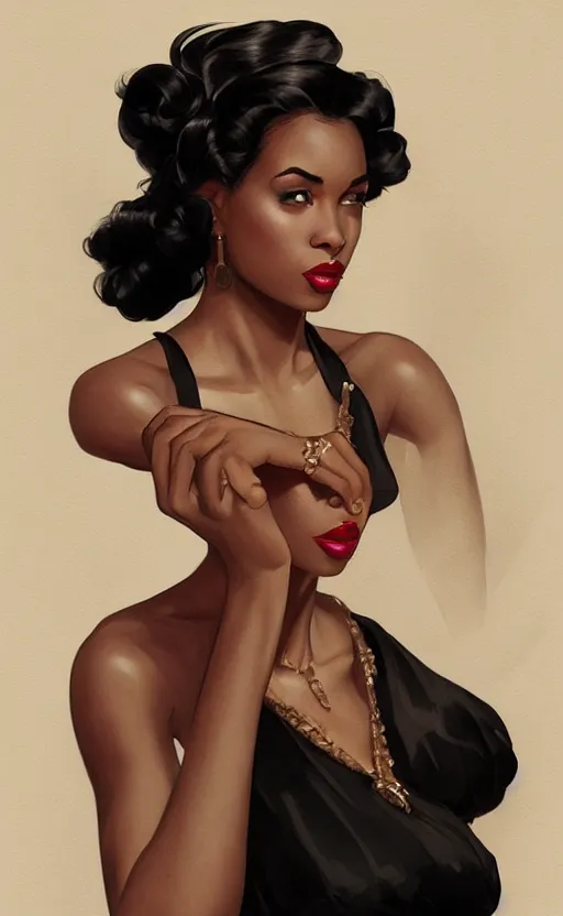 Image similar to a portrait of an attractive young Black female, clothed like a 1940s femme fatale, intricate, elegant, highly detailed, digital painting, film noir lighting, trending on artstation, concept art, smooth, sharp focus, illustration, art by artgerm and greg rutkowski and alphonse mucha